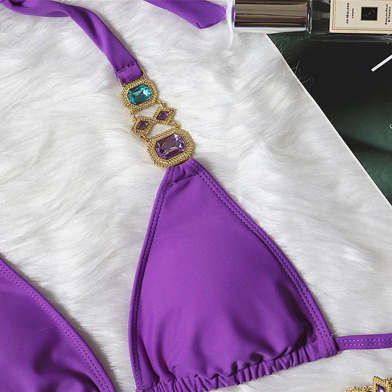 2025 Rhinestone Swimsuit Women Bikinis Crystal Diamond Bikini Set Metal Chain Swimwear female Luxury Aristocratic Swimming Suit