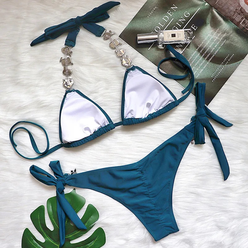 2025 Rhinestone Swimsuit Women Bikinis Crystal Diamond Bikini Set Metal Chain Swimwear female Luxury Aristocratic Swimming Suit