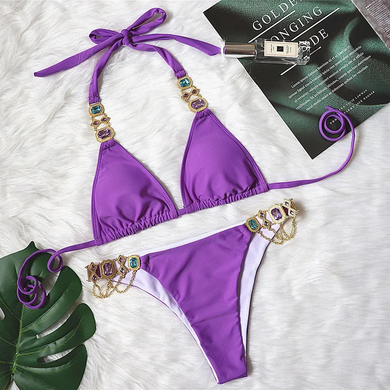 2025 Rhinestone Swimsuit Women Bikinis Crystal Diamond Bikini Set Metal Chain Swimwear female Luxury Aristocratic Swimming Suit