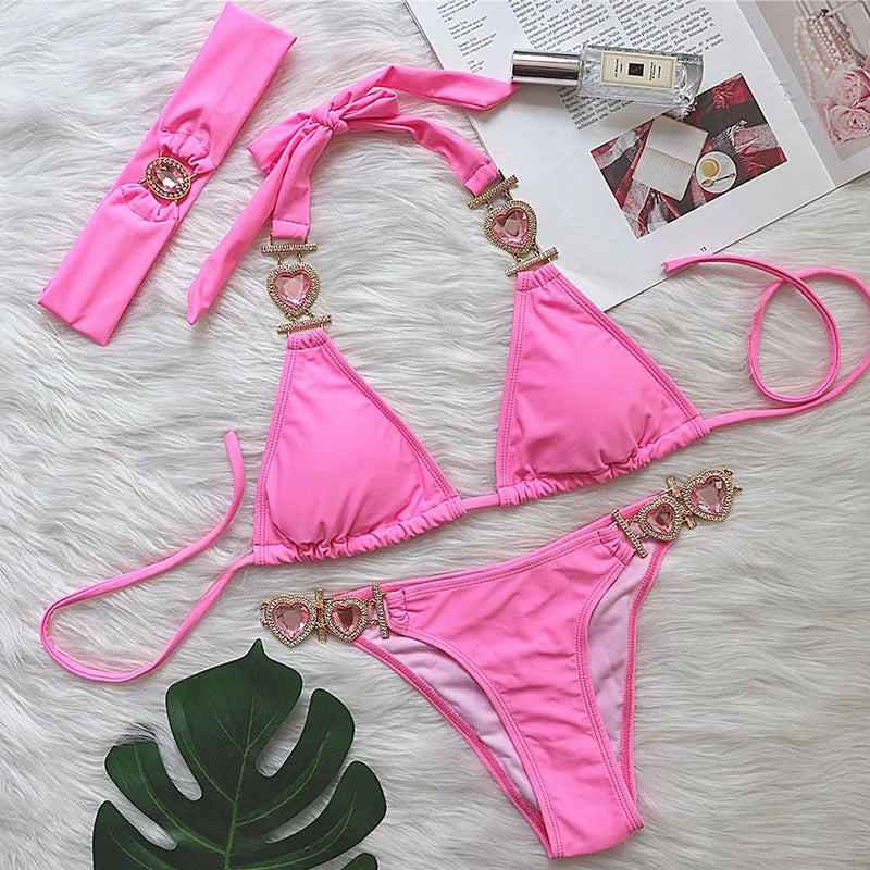 2025 Rhinestone Swimsuit Women Bikinis Crystal Diamond Bikini Set Metal Chain Swimwear female Luxury Aristocratic Swimming Suit