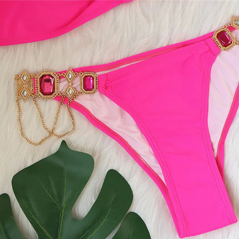 2025 Rhinestone Swimsuit Women Bikinis Crystal Diamond Bikini Set Metal Chain Swimwear female Luxury Aristocratic Swimming Suit