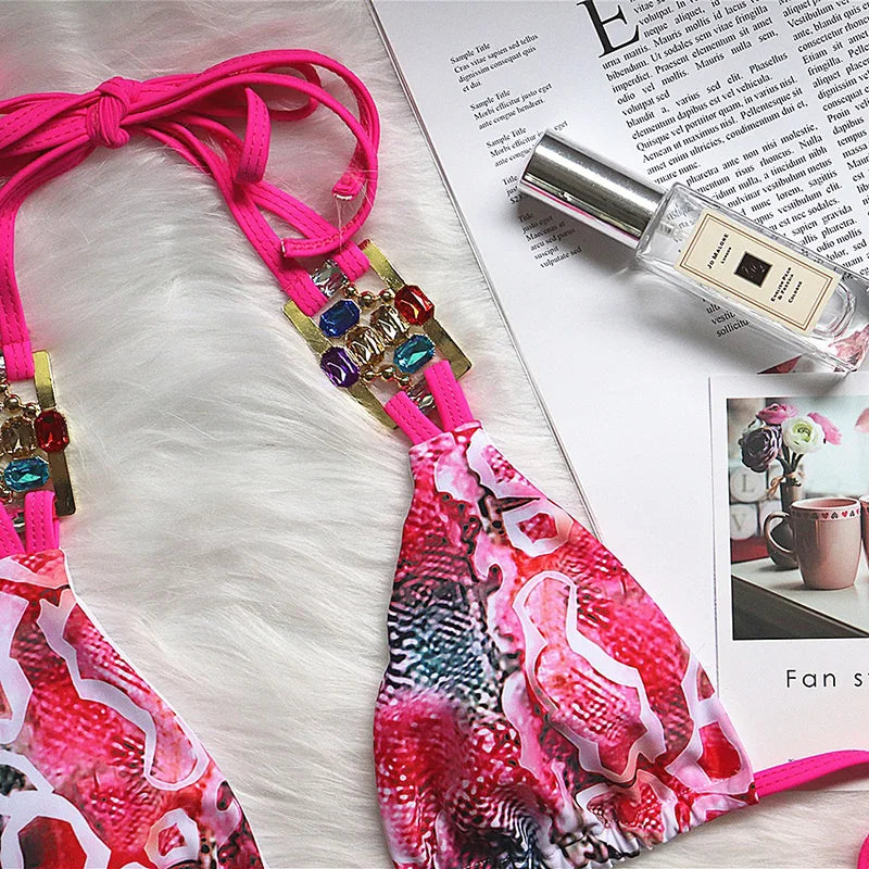 2025 Rhinestone Swimsuit Women Bikinis Crystal Diamond Bikini Set Metal Chain Swimwear female Luxury Aristocratic Swimming Suit