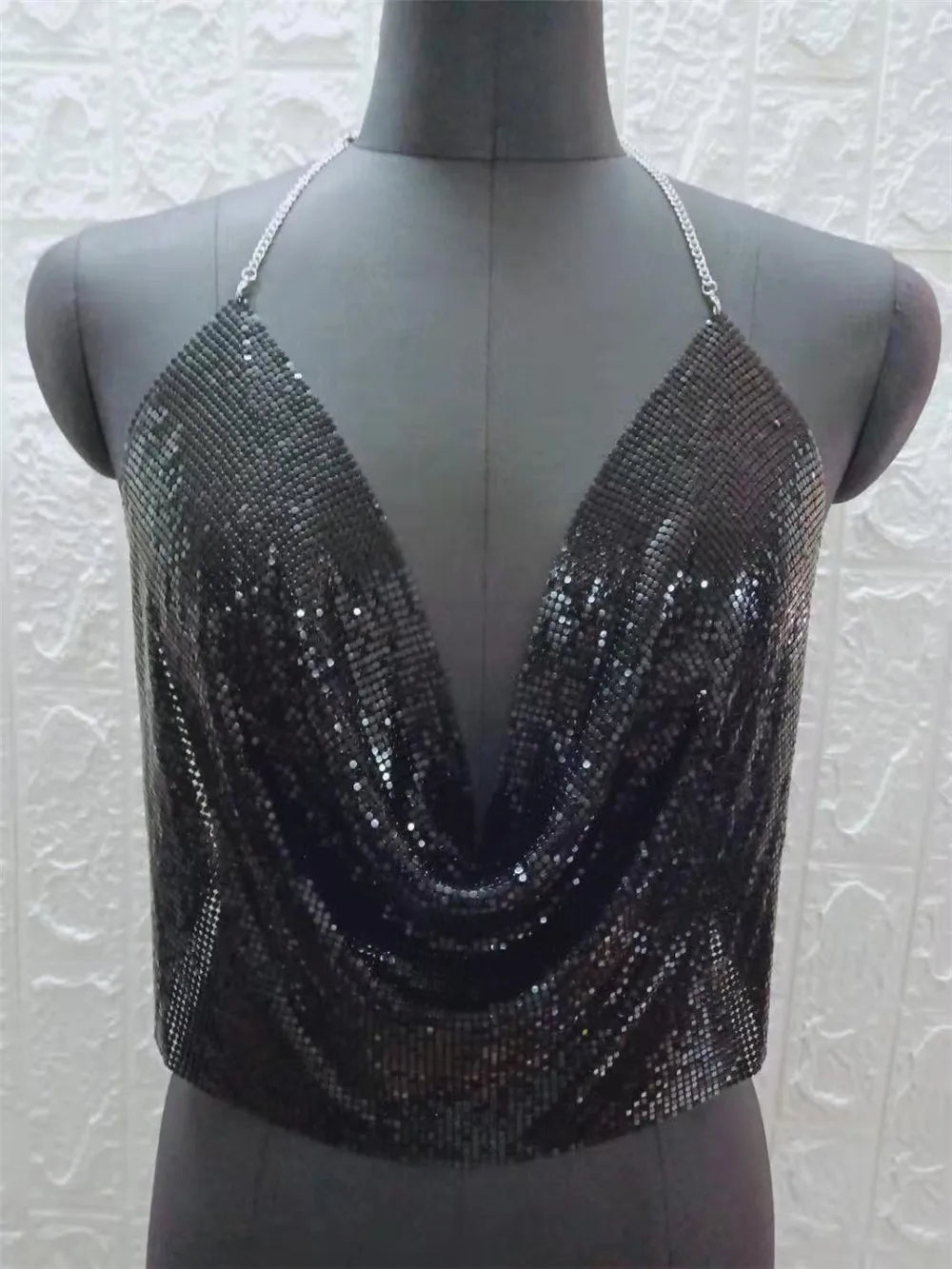 Sexy Halter Tank Tops Shining Metal Sequins Backless Low-Cut Tank Camisole For Women