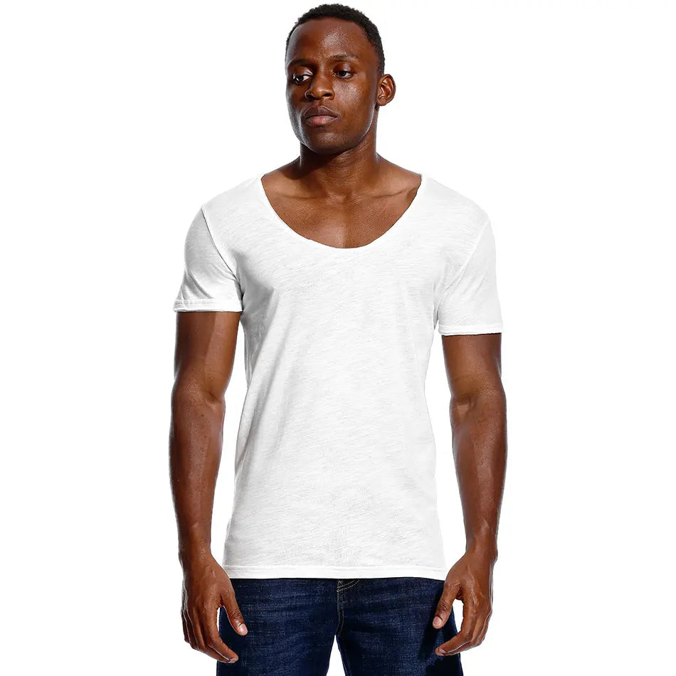 Scoop Neck T Shirt for Men Low Cut Deep V Neck Wide Vee Tee Male Tshirt Invisible Undershirt Slim Fit Short Sleeve