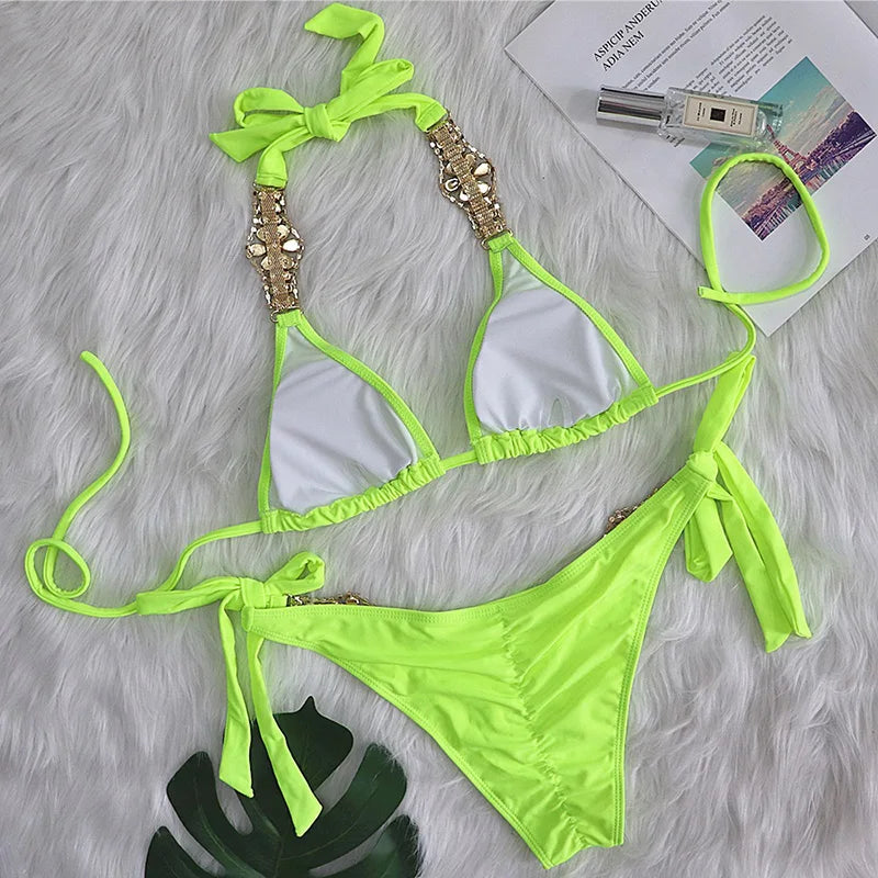 2025 Rhinestone Swimsuit Women Bikinis Crystal Diamond Bikini Set Metal Chain Swimwear female Luxury Aristocratic Swimming Suit