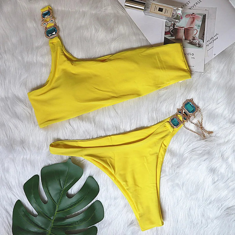 2025 Rhinestone Swimsuit Women Bikinis Crystal Diamond Bikini Set Metal Chain Swimwear female Luxury Aristocratic Swimming Suit