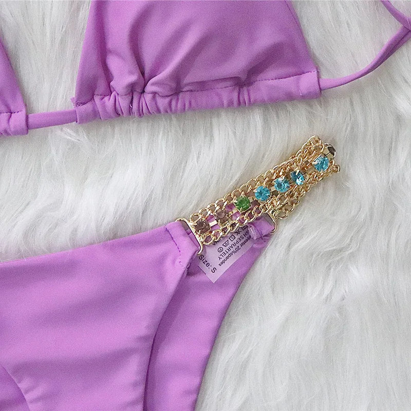 2025 Rhinestone Swimsuit Women Bikinis Crystal Diamond Bikini Set Metal Chain Swimwear female Luxury Aristocratic Swimming Suit