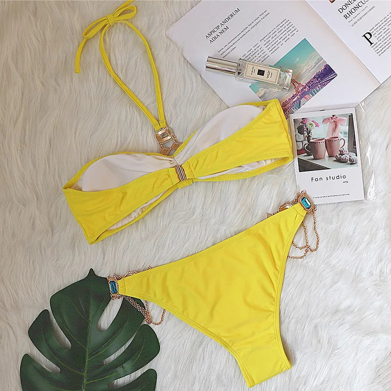 2025 Rhinestone Swimsuit Women Bikinis Crystal Diamond Bikini Set Metal Chain Swimwear female Luxury Aristocratic Swimming Suit