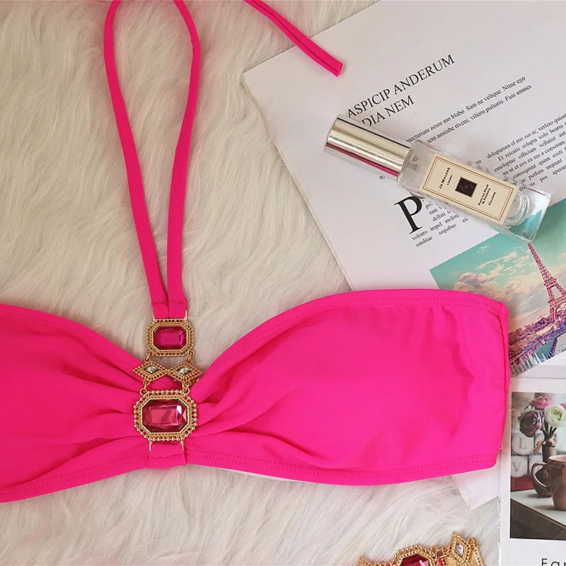 2025 Rhinestone Swimsuit Women Bikinis Crystal Diamond Bikini Set Metal Chain Swimwear female Luxury Aristocratic Swimming Suit
