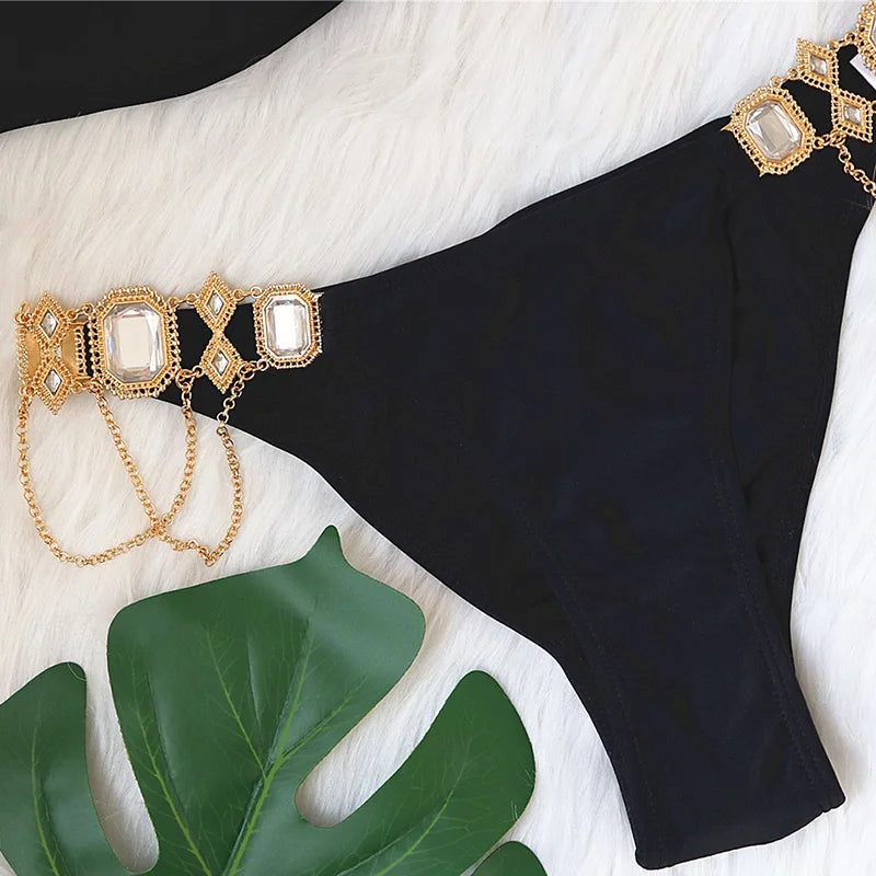 2025 Rhinestone Swimsuit Women Bikinis Crystal Diamond Bikini Set Metal Chain Swimwear female Luxury Aristocratic Swimming Suit