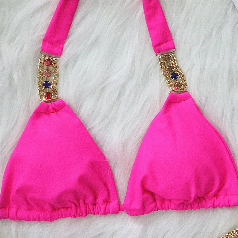 2025 Rhinestone Swimsuit Women Bikinis Crystal Diamond Bikini Set Metal Chain Swimwear female Luxury Aristocratic Swimming Suit