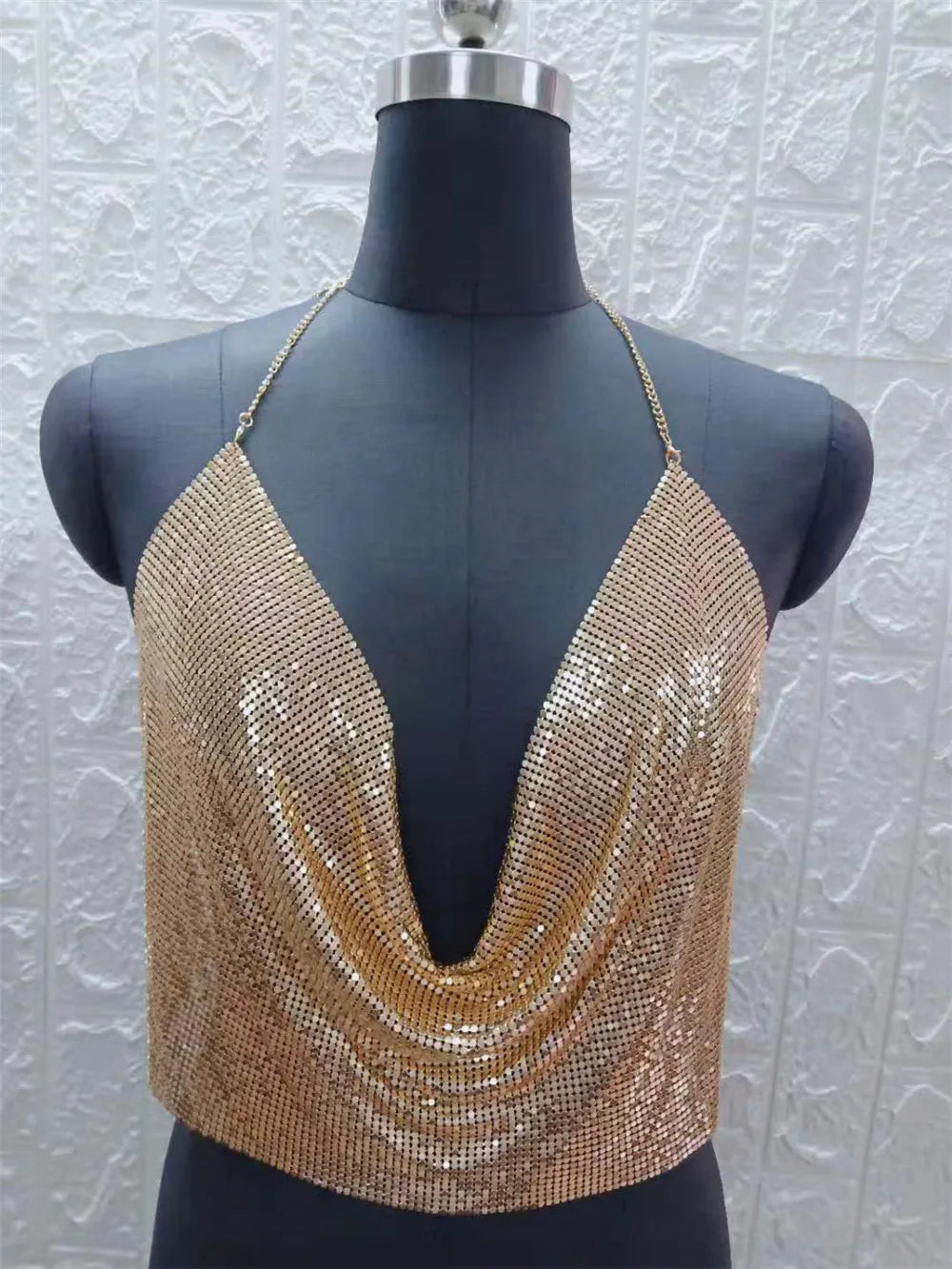 Sexy Halter Tank Tops Shining Metal Sequins Backless Low-Cut Tank Camisole For Women