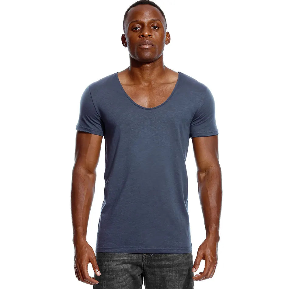 Scoop Neck T Shirt for Men Low Cut Deep V Neck Wide Vee Tee Male Tshirt Invisible Undershirt Slim Fit Short Sleeve