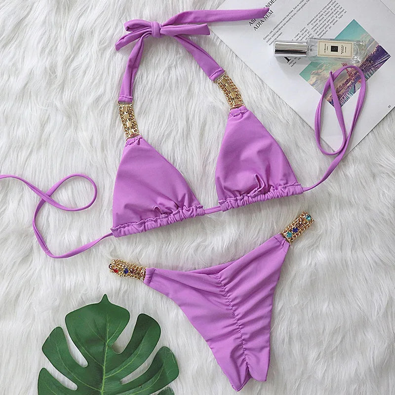 2025 Rhinestone Swimsuit Women Bikinis Crystal Diamond Bikini Set Metal Chain Swimwear female Luxury Aristocratic Swimming Suit