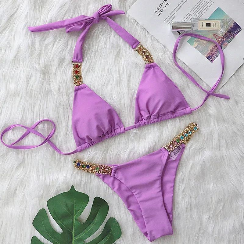 2025 Rhinestone Swimsuit Women Bikinis Crystal Diamond Bikini Set Metal Chain Swimwear female Luxury Aristocratic Swimming Suit