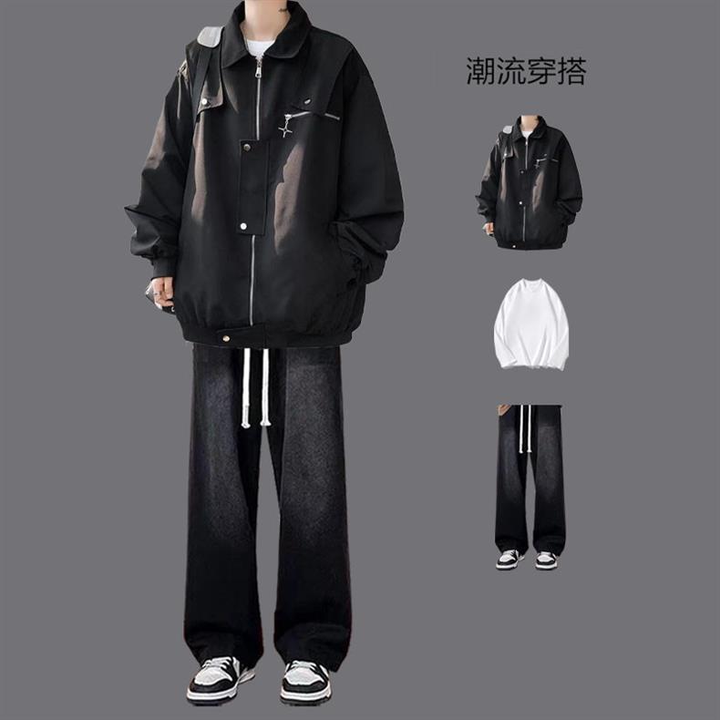 American Style Work Jacket Men's Spring and Autumn suit Duffy Handsome Trendy Brand Charge Jacket Jacket Matching Jeans Men's Three-Piece Set