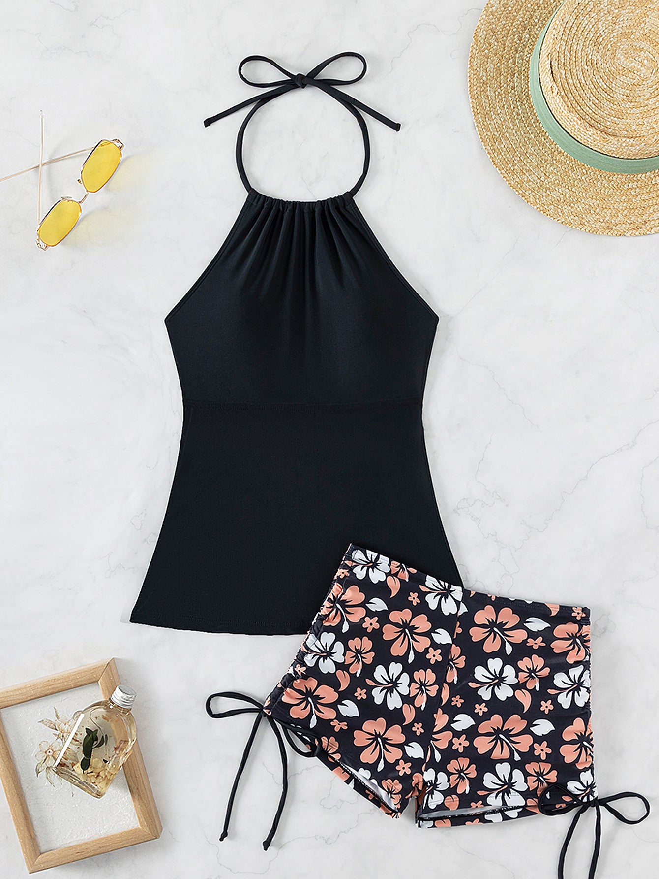 2025 New Tankini Cross-Border European and American Print Four-Corner Shorts Halter Conservative Bikini Two-Piece Swimsuit Swimwear