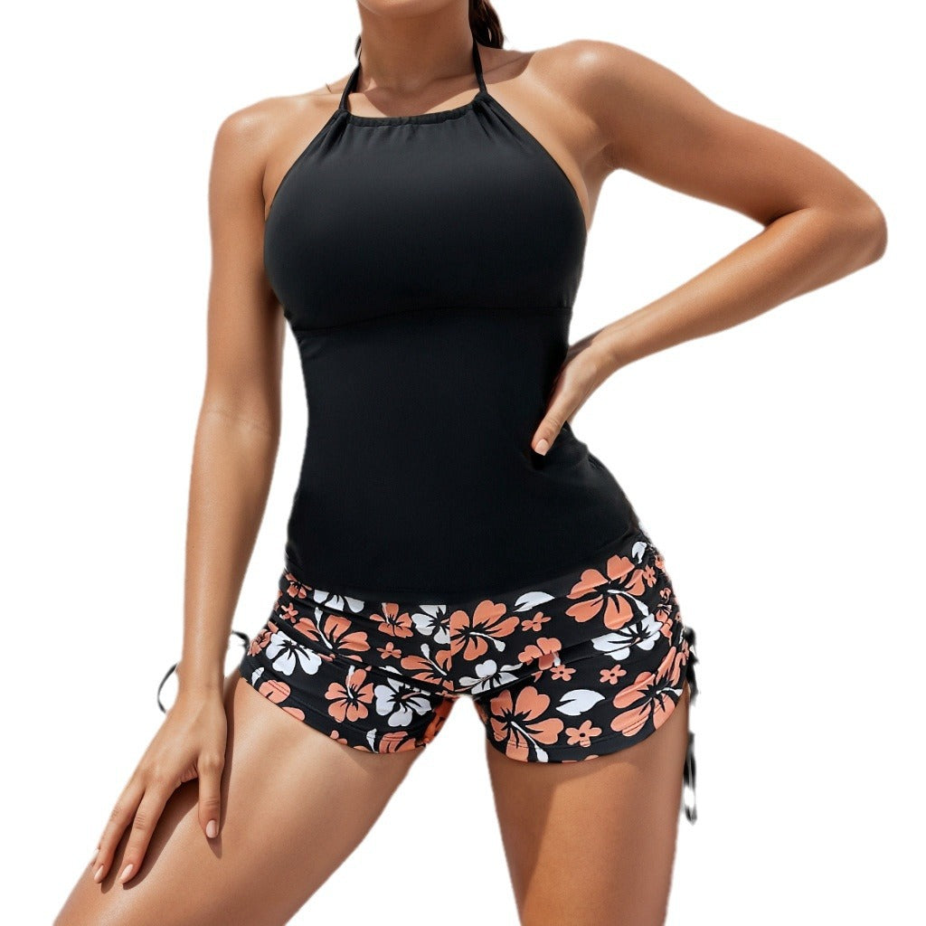 2025 New Tankini Cross-Border European and American Print Four-Corner Shorts Halter Conservative Bikini Two-Piece Swimsuit Swimwear