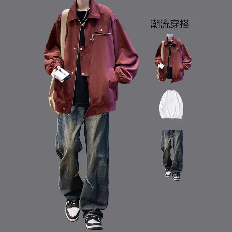 American Style Work Jacket Men's Spring and Autumn suit Duffy Handsome Trendy Brand Charge Jacket Jacket Matching Jeans Men's Three-Piece Set