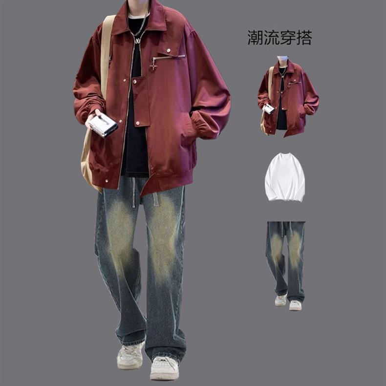 American Style Work Jacket Men's Spring and Autumn suit Duffy Handsome Trendy Brand Charge Jacket Jacket Matching Jeans Men's Three-Piece Set
