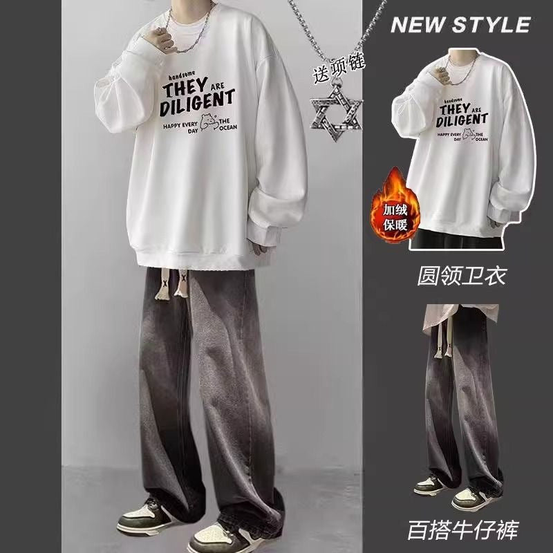 Heavy Sweatshirt Boys suit Spring and Autumn Long Sleeve Matching High Street Jeans Teenagers Handsome Wear Three-Piece Suit