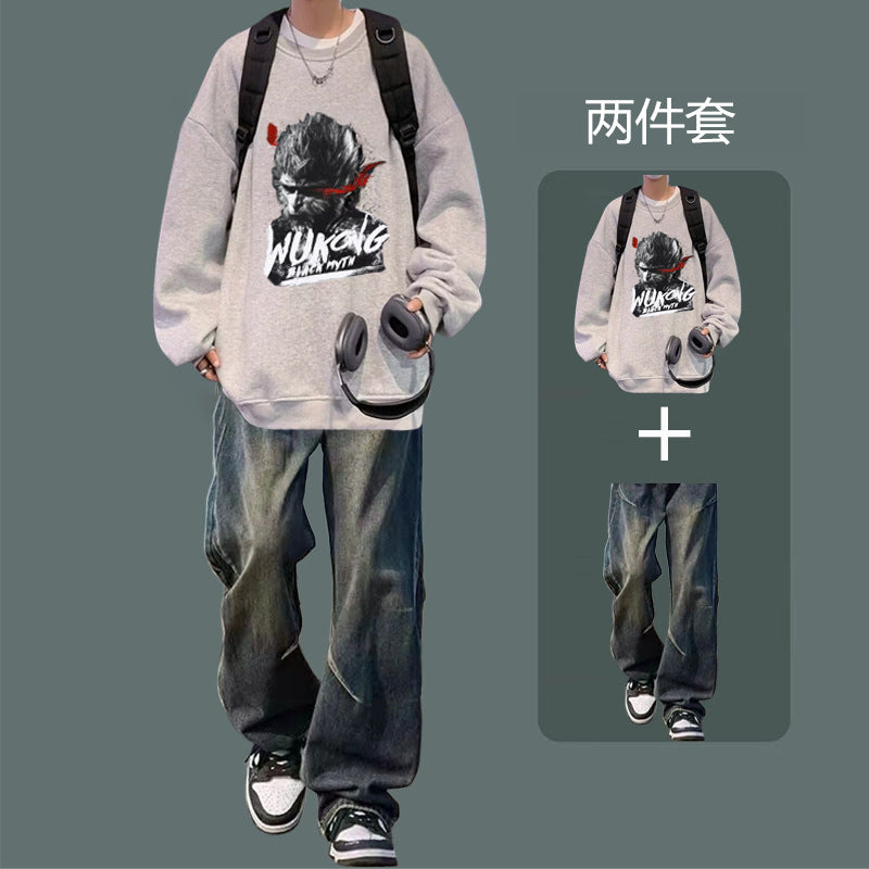 National fashion sweater men's suit 2024 new autumn jacket with jeans boys fashion handsome set