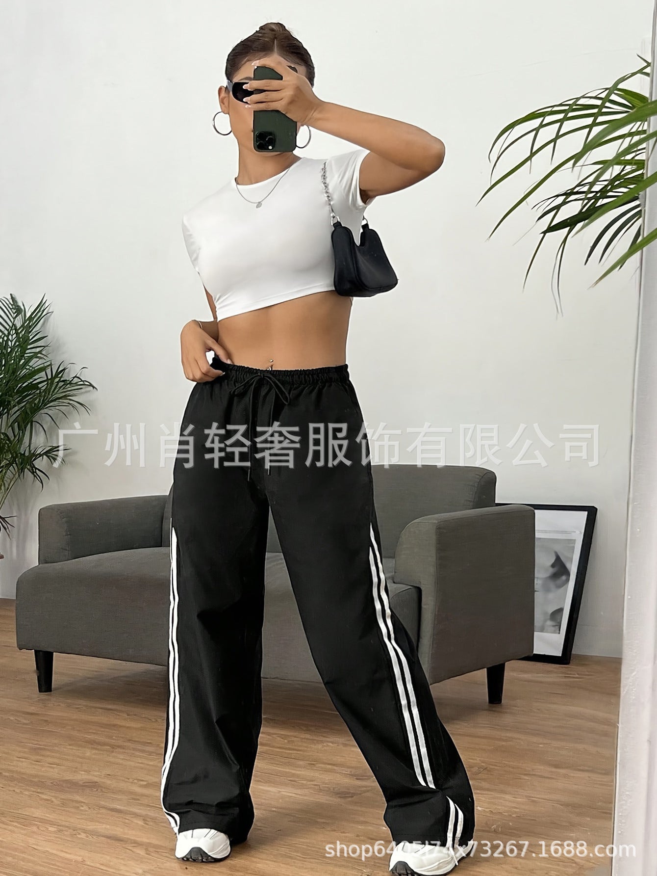Street Casual Style Contrast Color Stripe Ribbon Stitching Elaptic Drawstring Waist Pants Simple All-match Wide-leg Pants