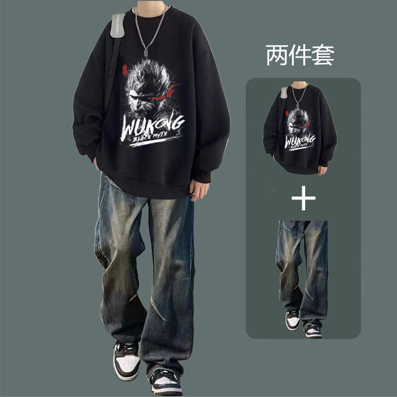 National fashion sweater men's suit 2024 new autumn jacket with jeans boys fashion handsome set