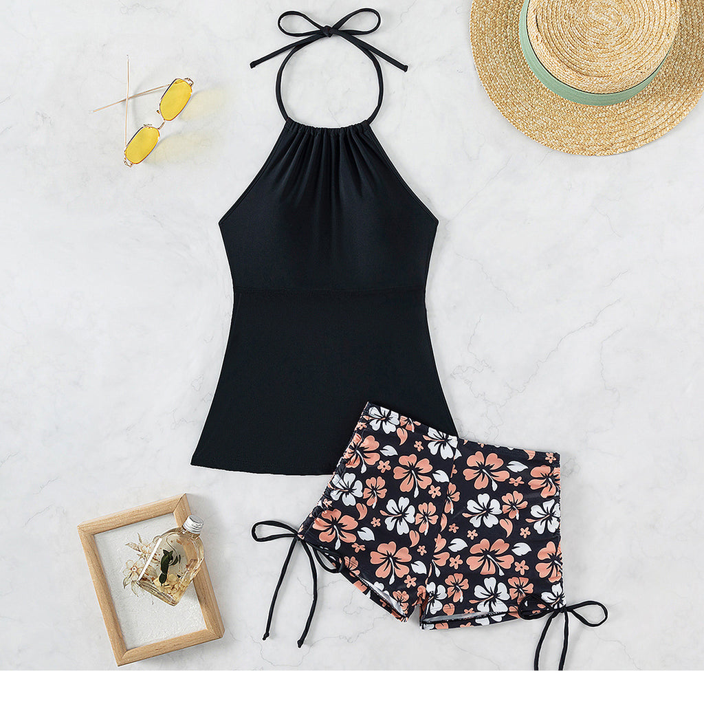 2025 New Tankini Cross-Border European and American Print Four-Corner Shorts Halter Conservative Bikini Two-Piece Swimsuit Swimwear