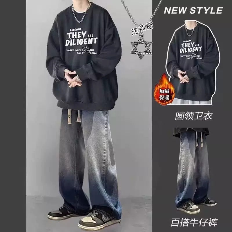 Heavy Sweatshirt Boys suit Spring and Autumn Long Sleeve Matching High Street Jeans Teenagers Handsome Wear Three-Piece Suit