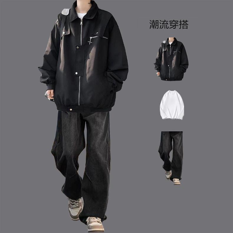 American Style Work Jacket Men's Spring and Autumn suit Duffy Handsome Trendy Brand Charge Jacket Jacket Matching Jeans Men's Three-Piece Set