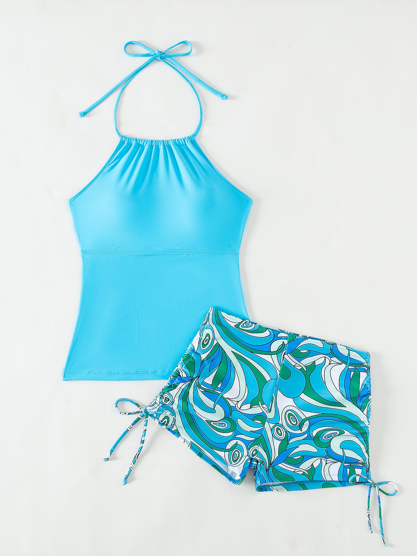 2025 New Tankini Cross-Border European and American Print Four-Corner Shorts Halter Conservative Bikini Two-Piece Swimsuit Swimwear