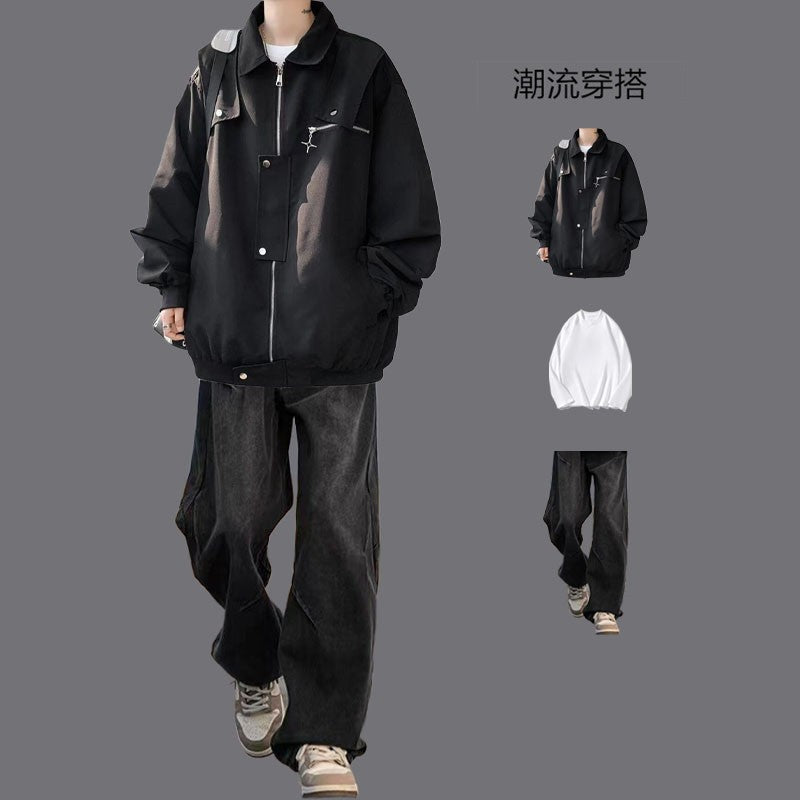 American Style Work Jacket Men's Spring and Autumn suit Duffy Handsome Trendy Brand Charge Jacket Jacket Matching Jeans Men's Three-Piece Set