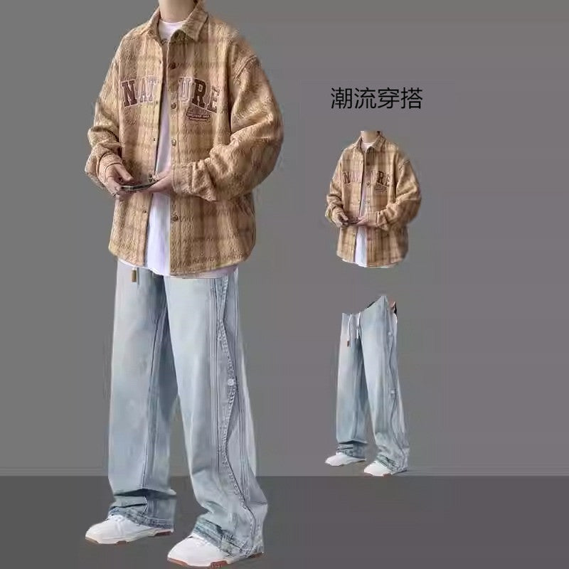 American Jacket Coat Boys suit Spring and Autumn New Handsome Hong Kong Style Shirt Set Matching Fashion Men's Two-piece Set