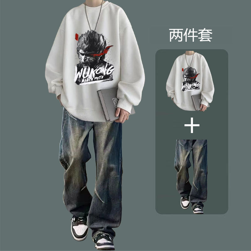 National fashion sweater men's suit 2024 new autumn jacket with jeans boys fashion handsome set