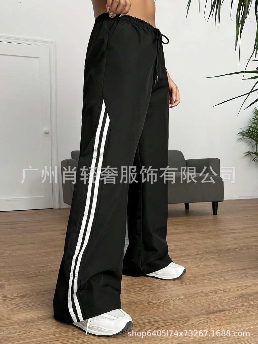 Street Casual Style Contrast Color Stripe Ribbon Stitching Elaptic Drawstring Waist Pants Simple All-match Wide-leg Pants