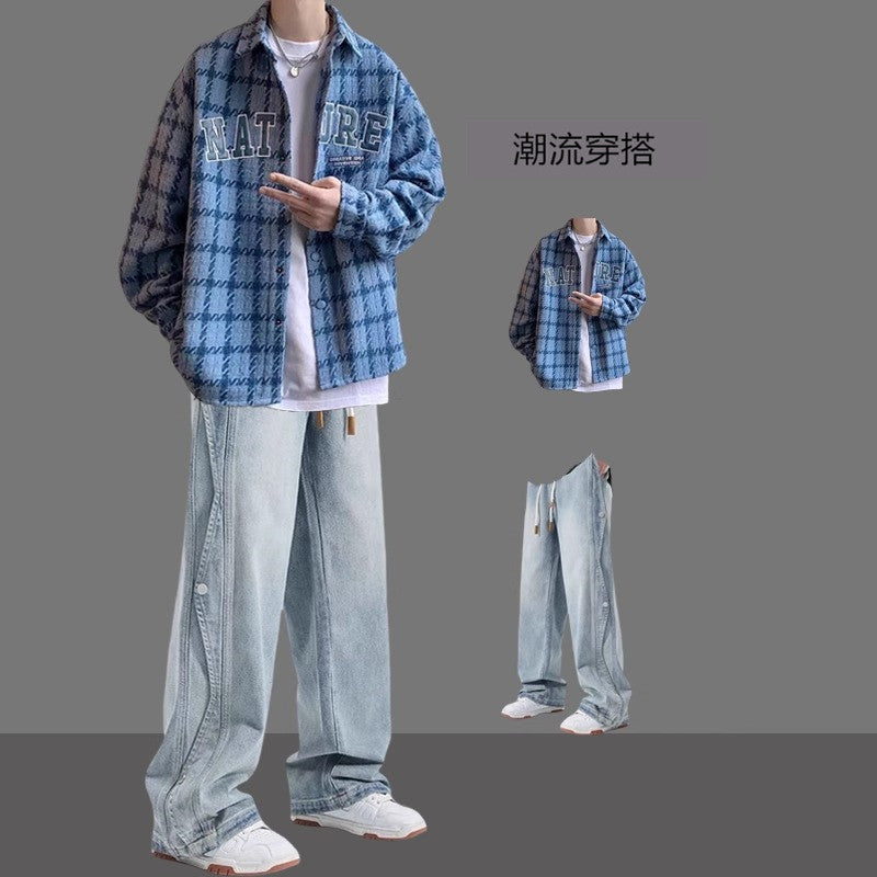 American Jacket Coat Boys suit Spring and Autumn New Handsome Hong Kong Style Shirt Set Matching Fashion Men's Two-piece Set