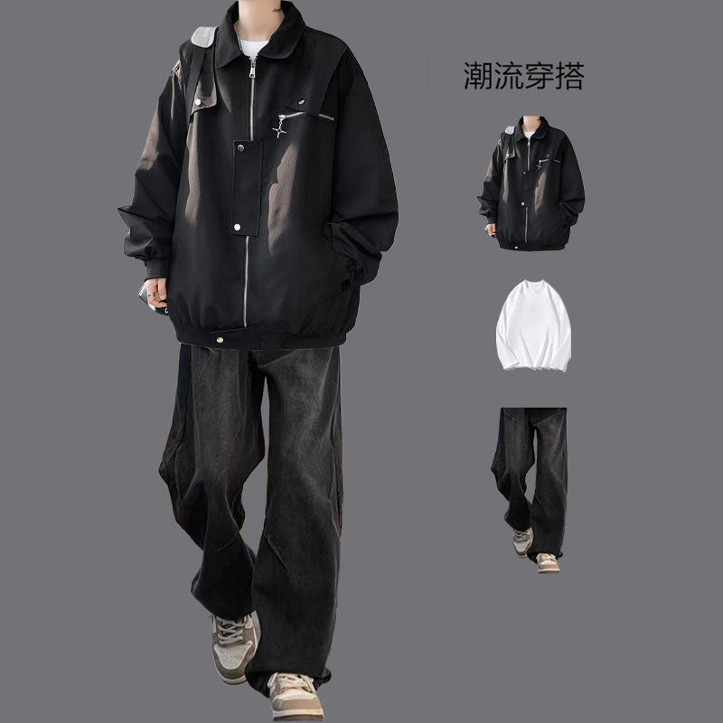 American Style Work Jacket Men's Spring and Autumn suit Duffy Handsome Trendy Brand Charge Jacket Jacket Matching Jeans Men's Three-Piece Set