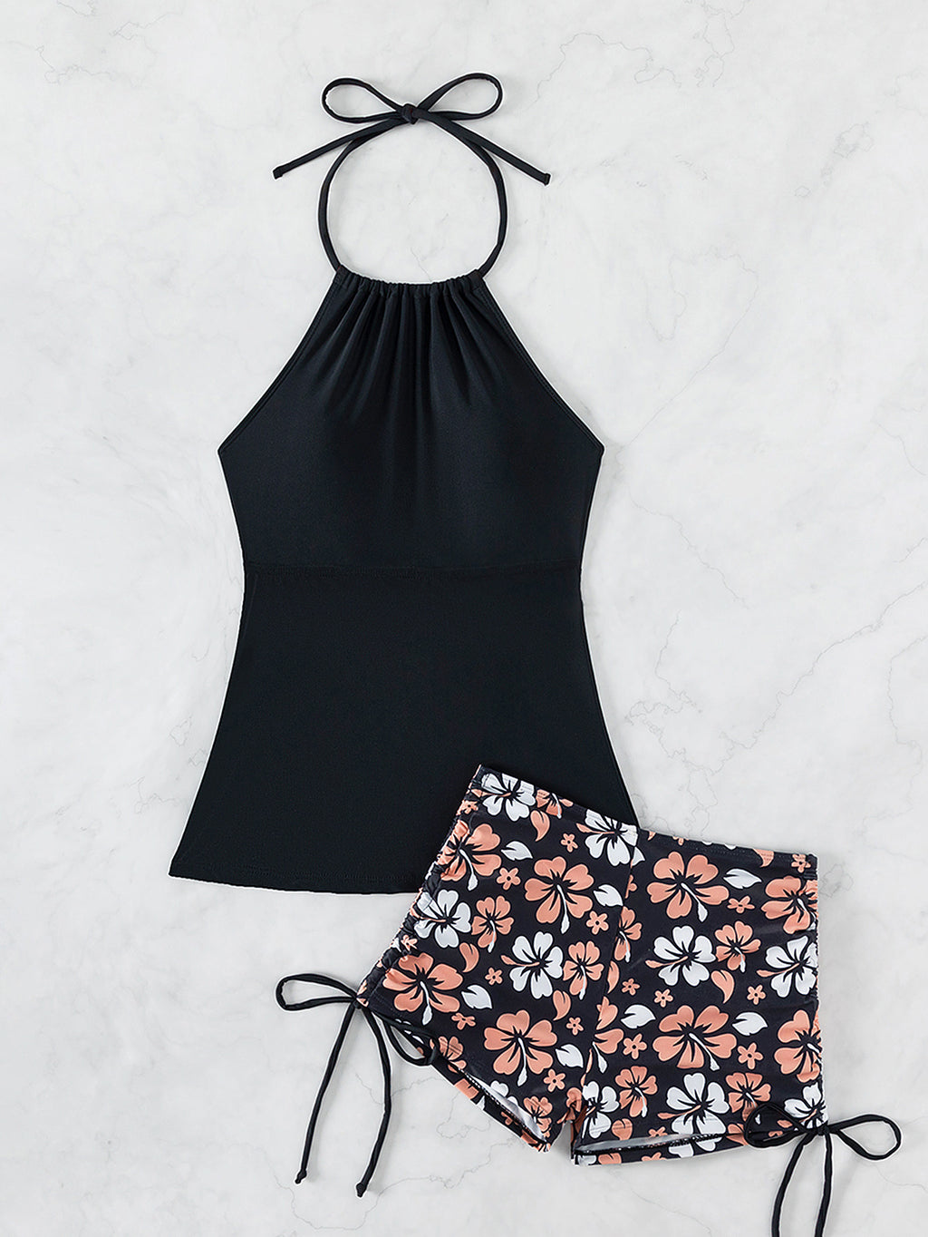 2025 New Tankini Cross-Border European and American Print Four-Corner Shorts Halter Conservative Bikini Two-Piece Swimsuit Swimwear