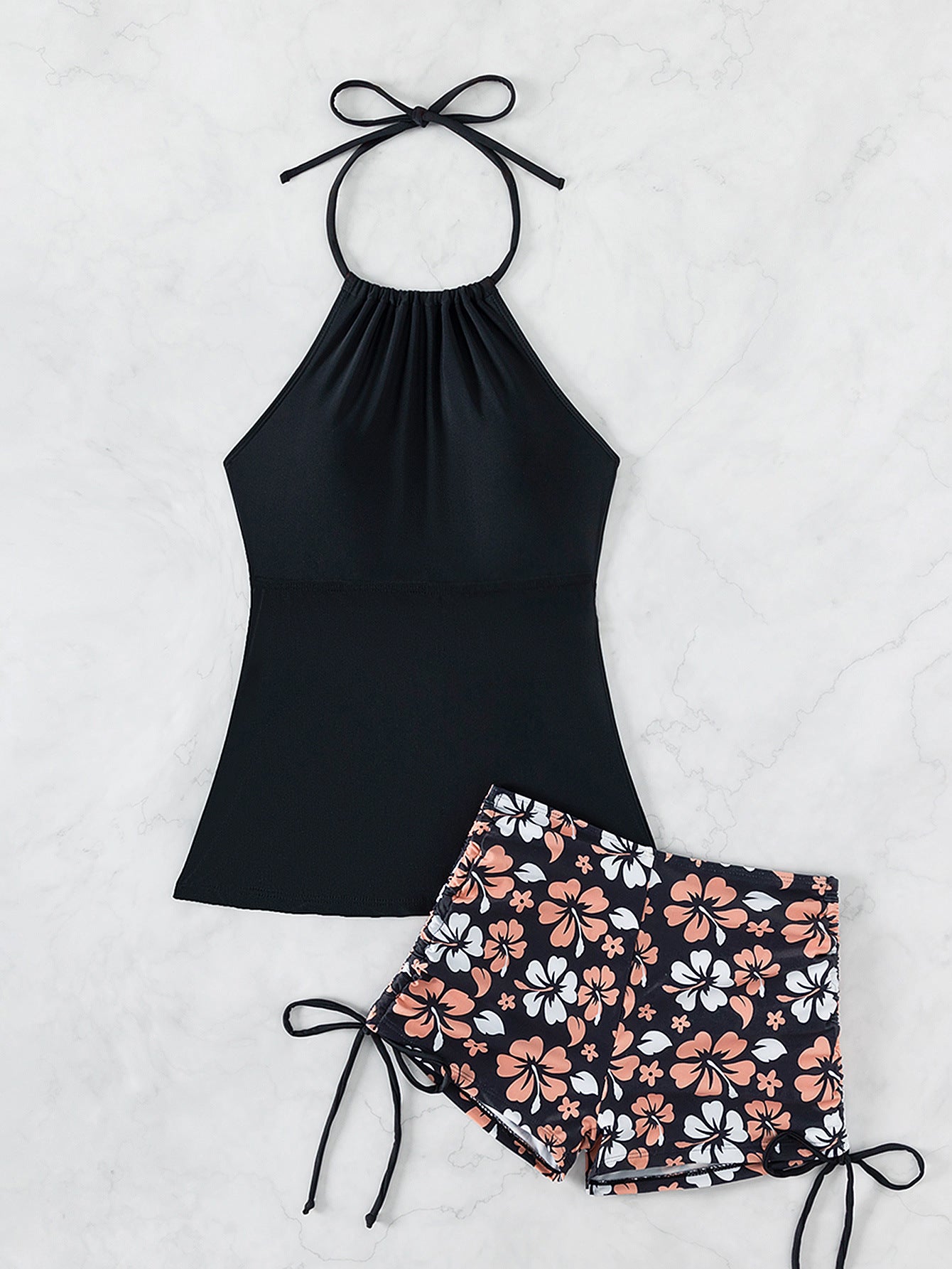 2025 New Tankini Cross-Border European and American Print Four-Corner Shorts Halter Conservative Bikini Two-Piece Swimsuit Swimwear