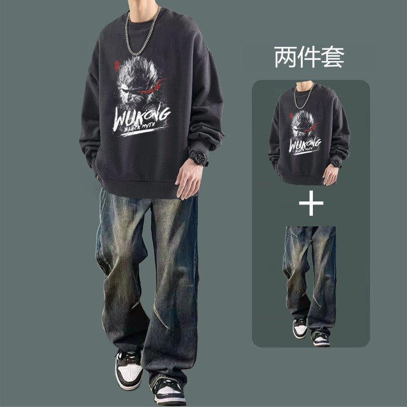 National fashion sweater men's suit 2024 new autumn jacket with jeans boys fashion handsome set