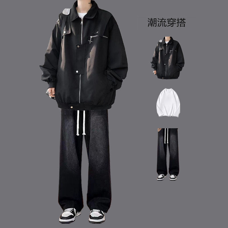 American Style Work Jacket Men's Spring and Autumn suit Duffy Handsome Trendy Brand Charge Jacket Jacket Matching Jeans Men's Three-Piece Set