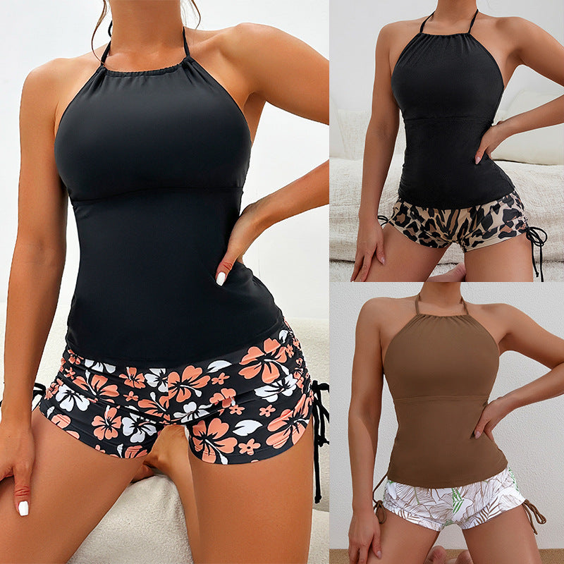 2025 New Tankini Cross-Border European and American Print Four-Corner Shorts Halter Conservative Bikini Two-Piece Swimsuit Swimwear