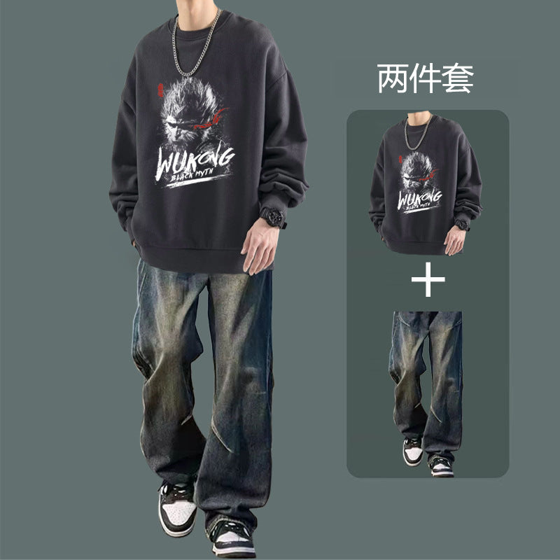 National fashion sweater men's suit 2024 new autumn jacket with jeans boys fashion handsome set