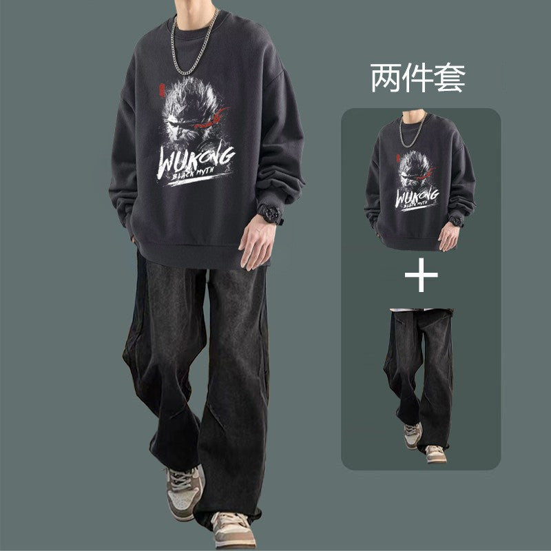 National fashion sweater men's suit 2024 new autumn jacket with jeans boys fashion handsome set