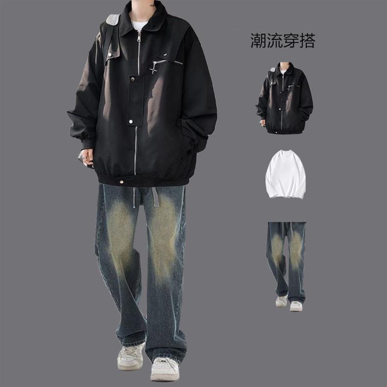 American Style Work Jacket Men's Spring and Autumn suit Duffy Handsome Trendy Brand Charge Jacket Jacket Matching Jeans Men's Three-Piece Set