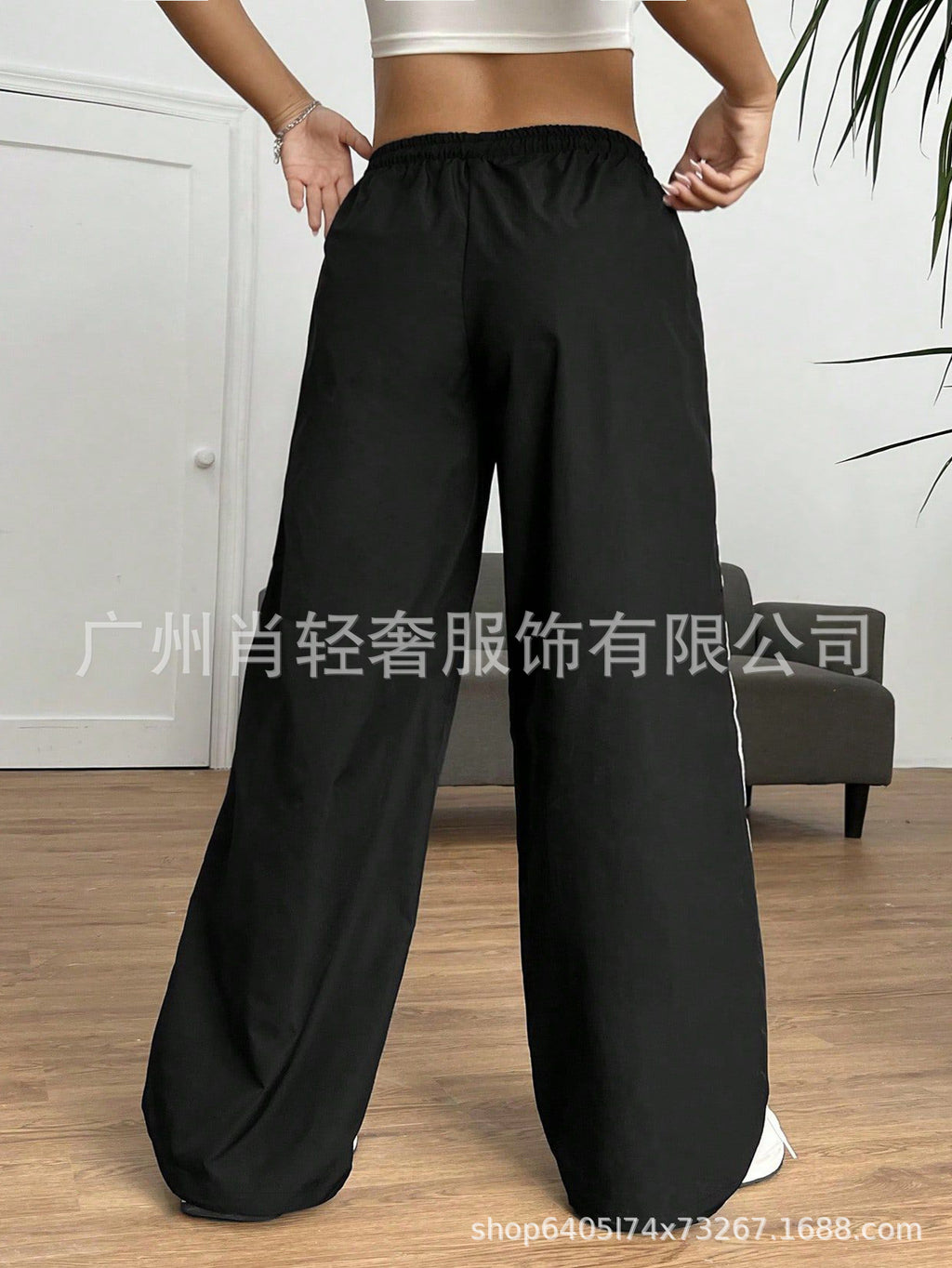 Street Casual Style Contrast Color Stripe Ribbon Stitching Elaptic Drawstring Waist Pants Simple All-match Wide-leg Pants