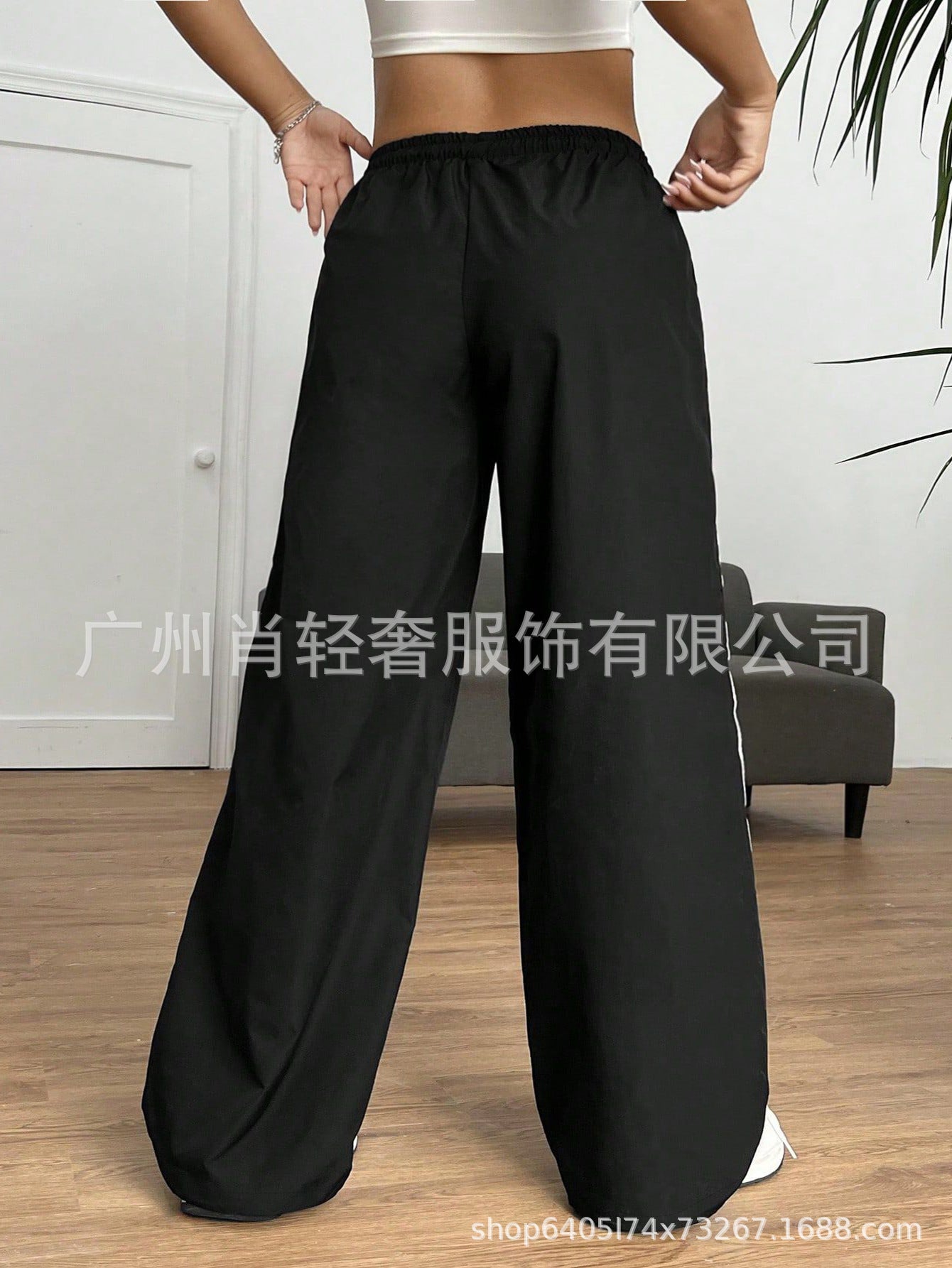 Street Casual Style Contrast Color Stripe Ribbon Stitching Elaptic Drawstring Waist Pants Simple All-match Wide-leg Pants