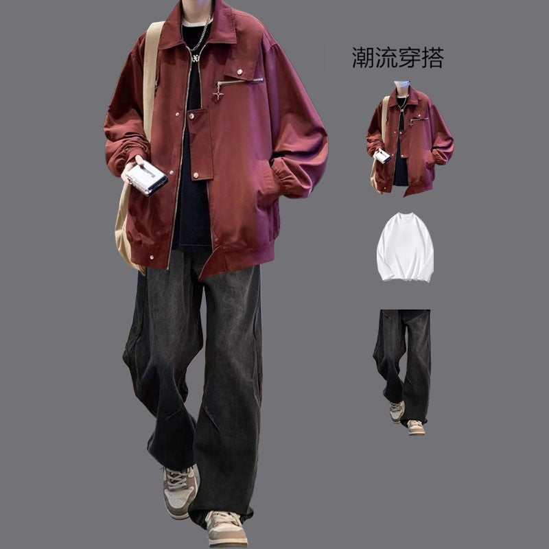 American Style Work Jacket Men's Spring and Autumn suit Duffy Handsome Trendy Brand Charge Jacket Jacket Matching Jeans Men's Three-Piece Set