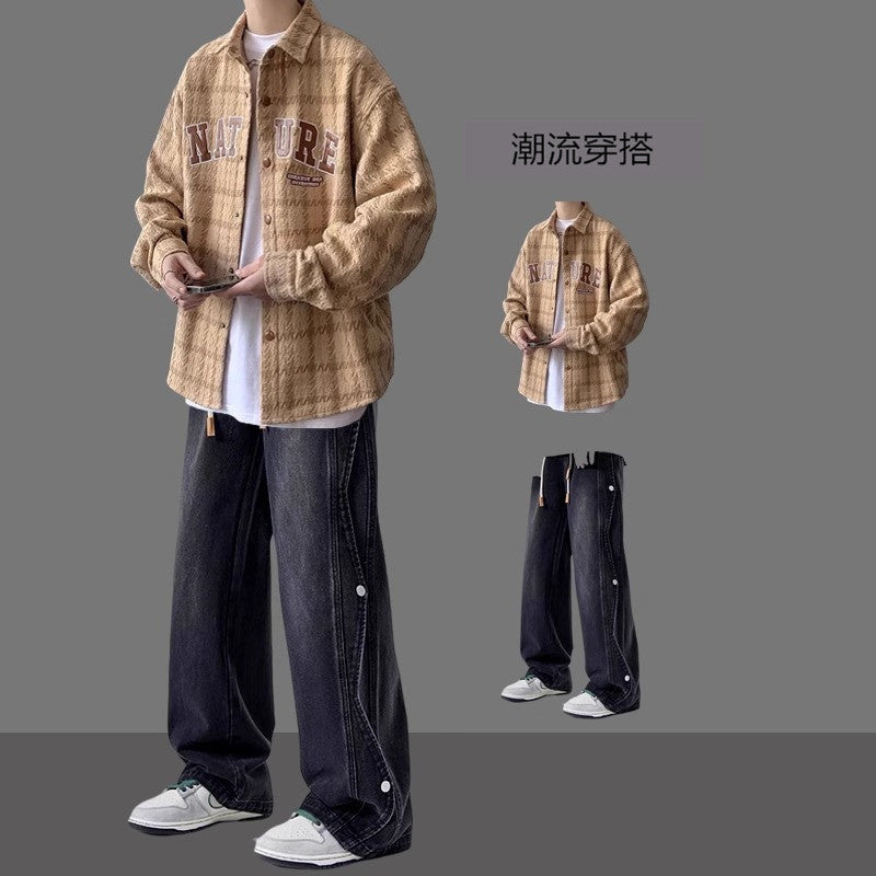 American Jacket Coat Boys suit Spring and Autumn New Handsome Hong Kong Style Shirt Set Matching Fashion Men's Two-piece Set